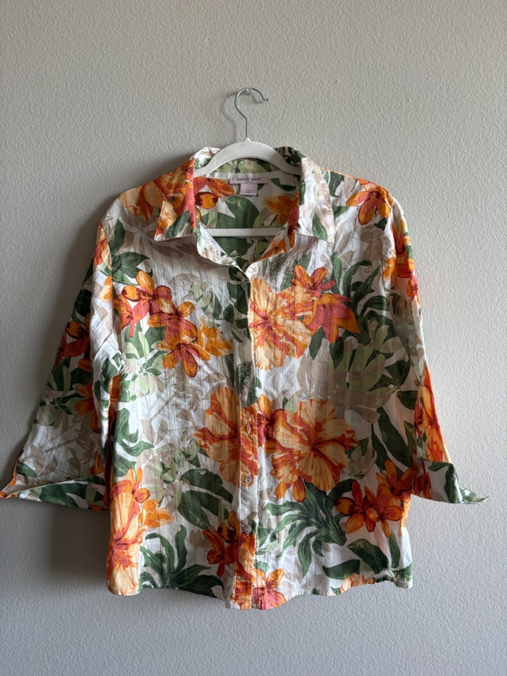 Allison Daley Floral Button-Front Top 3/4 Sleeve Point Collar Cotton Petite XL
